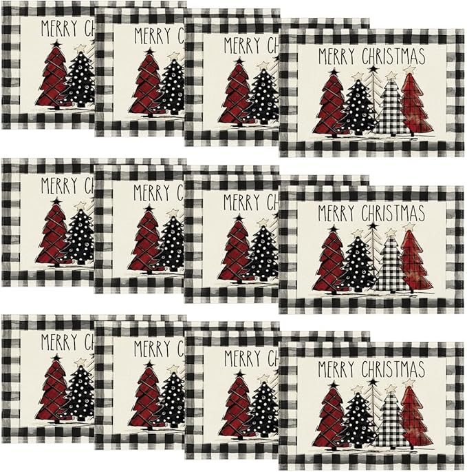 Artoid Mode Waterclor Buffalo Plaid Christmas Trees Placemats Set of 12, 12x18 Inch Winter Table Mats for Outdoor Home Party Kitchen Dining Decor