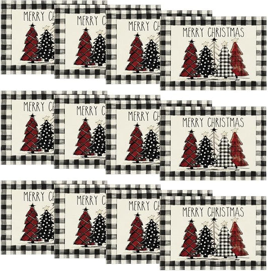 Artoid Mode Waterclor Buffalo Plaid Christmas Trees Placemats Set of 12, 12x18 Inch Winter Table Mats for Outdoor Home Party Kitchen Dining Decor