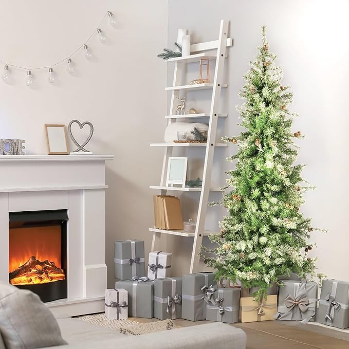 Fraser Hill Farm 7.5-Ft. Buffalo Fir Flocked Artificial Christmas Tree with Stand, Unlit Foldable Fake Tree with Realistic Snowy Foliage for Home Decoration