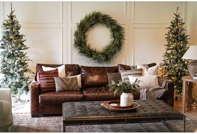 Fraser Hill Farm 7.5-Ft. Buffalo Fir Slim Artificial Christmas Tree with White Incandescent Smart Lights, Prelit Foldable Fake Tree with Realistic Snowy Foliage and Pinecones for Home Decoration