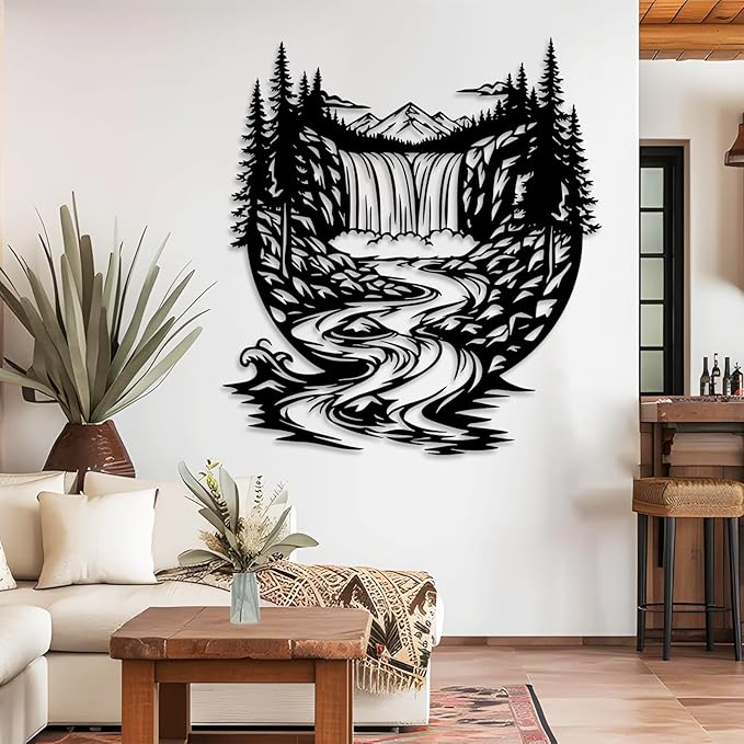 OZF Mountain Waterfall Forest Metal Wall Art, Rustic Wilderness Landscape Metal Wall Decor, Modern Nature Hanging Decor for Living Room Office, Cabin Themed Home Sculpture (Gold, 28 x 28 in | 70 x 70cm)