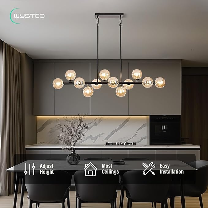 50 Inch Large Sputnik Globe Chandelier, 12-Light Mid Century Modern Light Fixture Over Table, Black Linear Chandeliers for Dining Room Kitchen Island Living (Amber Glass Bubble Shades)