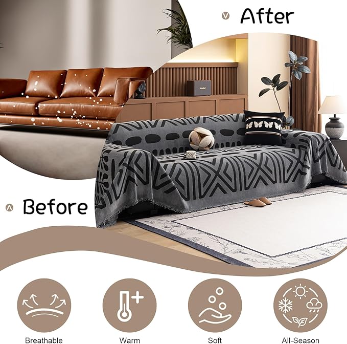 VClife Boho Couch Cover Soft Chenille Sofa Cover for Sofa Bed, 1 Piece XXL Couch Covers for 3 Cushion Couch Sofa Washable Gray Black Jacquard Pattern Sofa Protector for Living Room 71''x150''