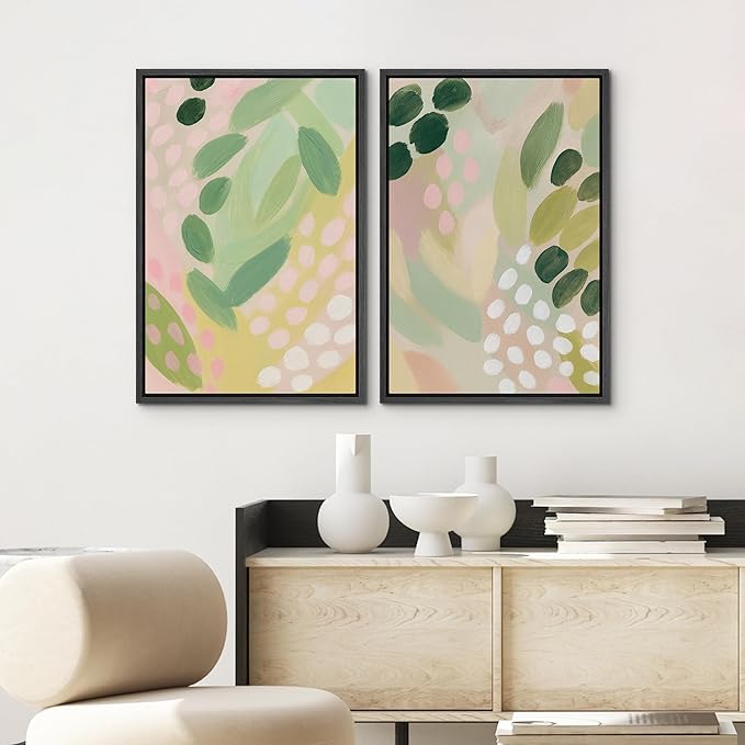 SIGNWIN Framed Canvas Print Wall Art Set Pastel Garden Rhythm Abstract Green and Pink Brushstroke Botanical Zen Bohemian for Living Room, Bedroom, Office - 24"x36"x2 BLACK