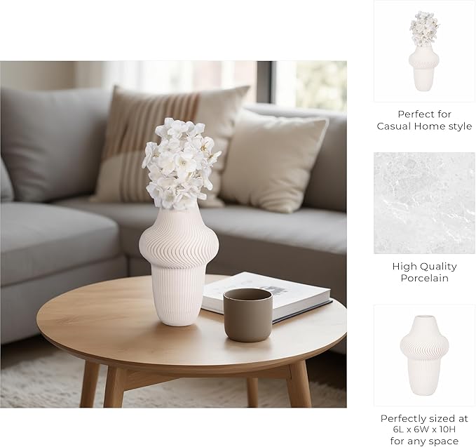 Texture Ceramic Vase for House Decor - 3D Printed Design, Perfect as a Flower Vase for Bedroom, Table, and Office Display - Modern Sculpted Home Accent for Room and Living Room Decor – 10", Ivory