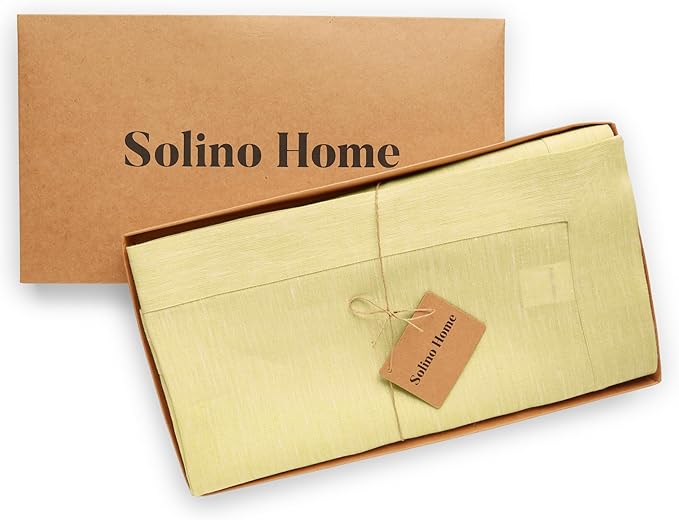 Solino Home Linen Tablecloth 60 x 120 Inch - 100% Pure Linen Chambray Yellow Table Cloth for Rectangular Tables - Athena, Machine Washable Cloth Tablecloth