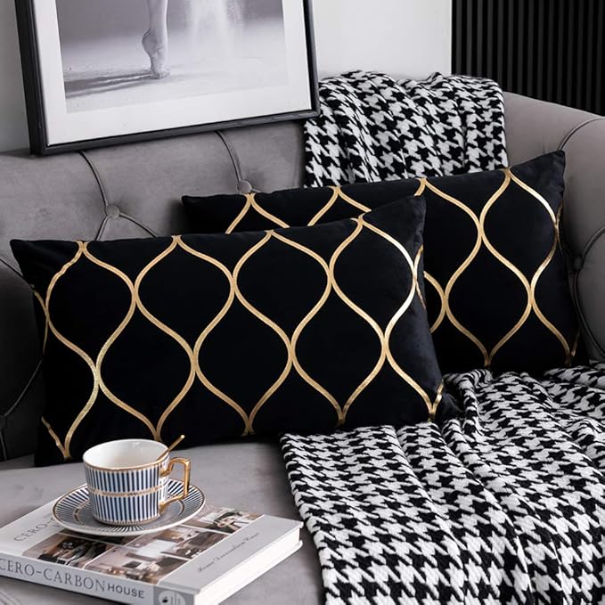 12x20 Inch Gold Velvet Throw Pillow Covers: 2 Pack Rectangular Decorative Pillow Cases for Bedroom Sofa Couch Living Room, Black