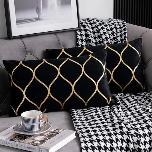 12x20 Inch Gold Velvet Throw Pillow Covers: 2 Pack Rectangular Decorative Pillow Cases for Bedroom Sofa Couch Living Room, Black