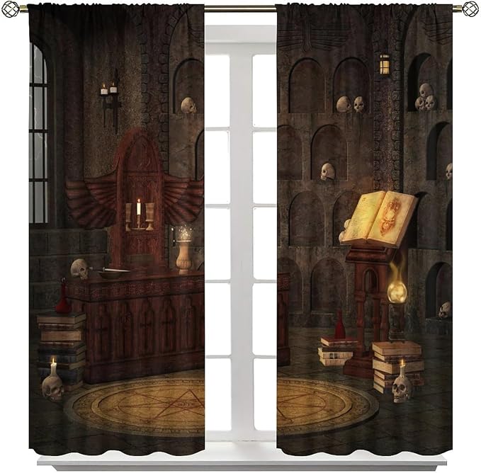 Gothic Mid Century Blackout Curtains, Medieval Castle Vintage Skulls Wall Print Window Drapes, for Living Room Bedroom 21(W)*45(L) 2 Panels