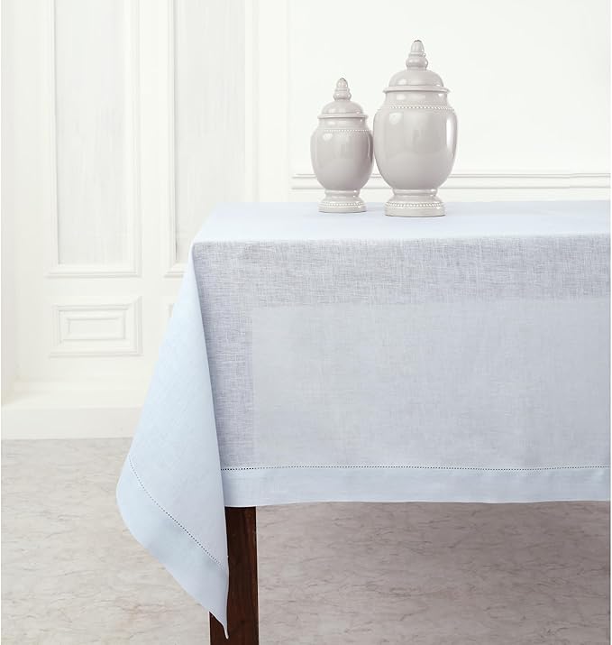 Solino Home Light Blue Linen Tablecloth 60 x 144 Inch - 100% Pure Linen Hemstitch Table Cloth for Rectangle Tables - Classic Hemstitch, Machine Washable Tablecloth