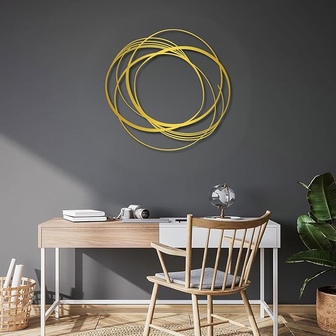 cideny Small Modern Minimalist Abstract Geometric Metal Wall Art, Contemporary Line Sculpture, Boho Farmhouse Hanging Decor for Living Room, Bedroom, Entryway, Office – Gold 23.6"x22.8"