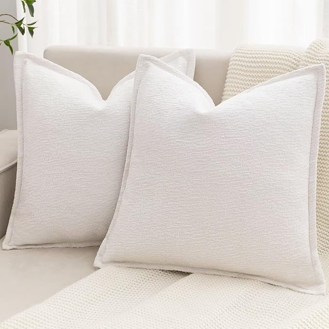 Cream White Decorative Throw Pillow Covers 22x22 Inch Set of 2 Cozy Soild Chenille Cushion Cases Soft Textured Square Couch Pillows Cover Boho Accent Farmhouse Pillowcases for Sofa Bed