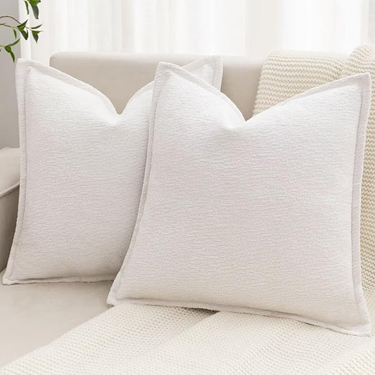 Cream White Decorative Throw Pillow Covers 22x22 Inch Set of 2 Cozy Soild Chenille Cushion Cases Soft Textured Square Couch Pillows Cover Boho Accent Farmhouse Pillowcases for Sofa Bed