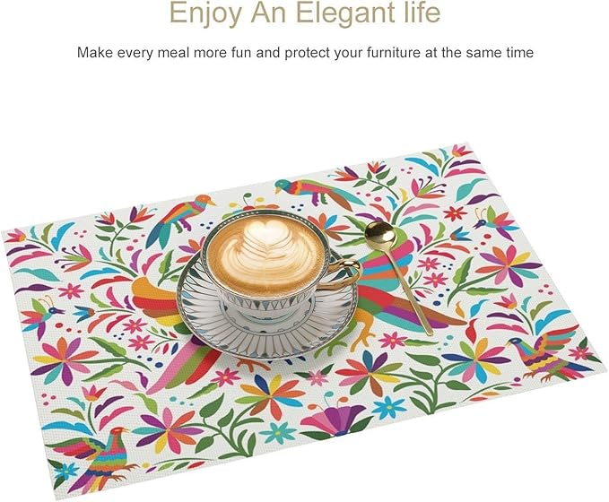 Mexican Placemat Set of 4, 12x18 Inch White Mexico Floral Fiesta Birds Talavera Dia De Los Muertos Day of The Dead Coffee Table Mats for Outdoor Kitchen Dining Table Decoration