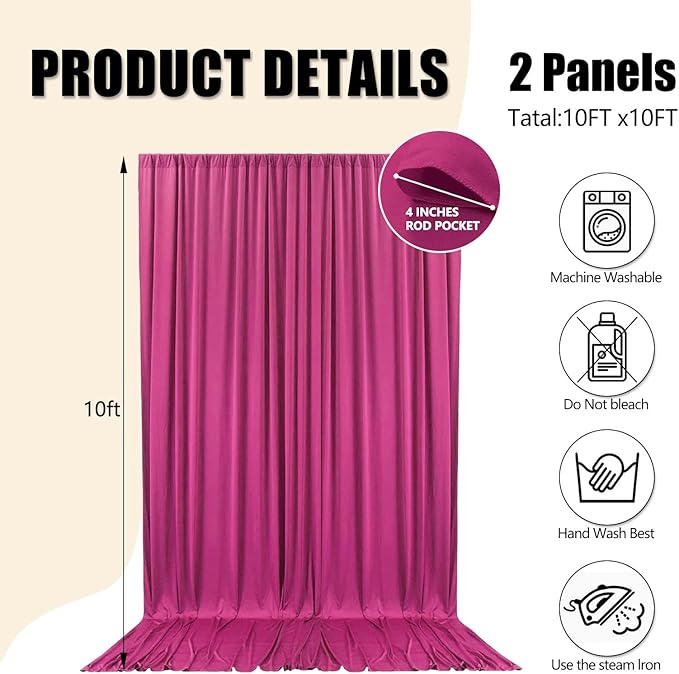 2 Panels Fuchsia Backdrop Curtain, 10 x 10 Feet Background Curtains for Parties, Weddings, Baby Showers, Bachelorette Halloween, Christmas Birthday Party Photoshoot Backdrop Curtains Decorations