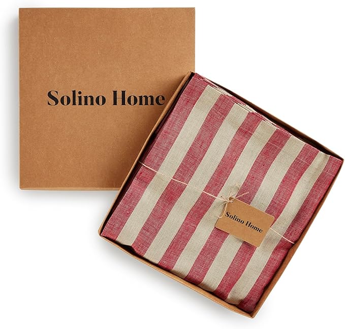 Solino Home Linen Striped Tablecloth 60 x 144 Inch - 100% Pure Linen Red and Natural Table Cloth for Rectangle Tables - Sorrento Stripe, Machine Washable Tablecloth for Fall, Thanksgiving, Christmas