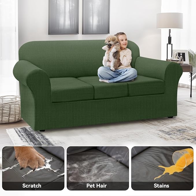 100% Waterproof Couch Cover 4-Piece Set Striped Sofa Slipcovers for 3 Cushion Couch Sofa Covers with TPU Leakproof Bottom Couch Protector Pet Proof - Sofa(3-Cushion), Military Green