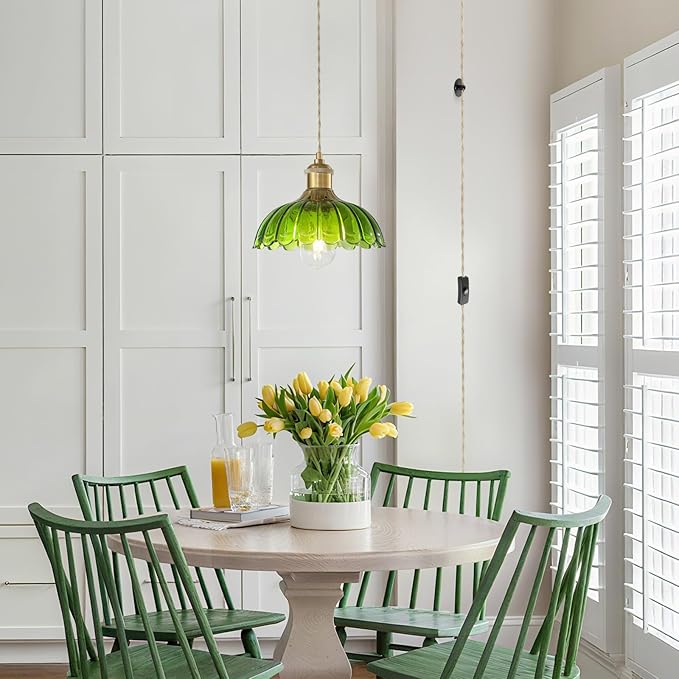 Plug in Pendant Light Fixtures: Hanging Lamp Plug in Green Glass Pendant Lamp, Hanging Light for Kitchen Island, Bedroom, Dining Room, Living Room, E26 No Bulb