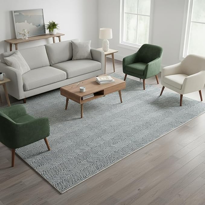 Modern Herringbone Chevron Collection Handcrafted Wool Area Rug - Durable, Zigzag Pattern, for High Traffic, Contemporary Design for Living Room, Bedroom, Dining Room Decor (Denim Blue, 9' x 9'' sq)