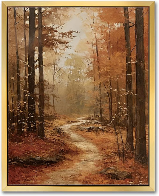 AIMAILON Vintage Gold Canvas Wall Art Framed Decor Classical Autumn Forest Trail Nature Theme Landscape Artwork Botanical Aesthetic Picture Home Interior Decoration 8x10