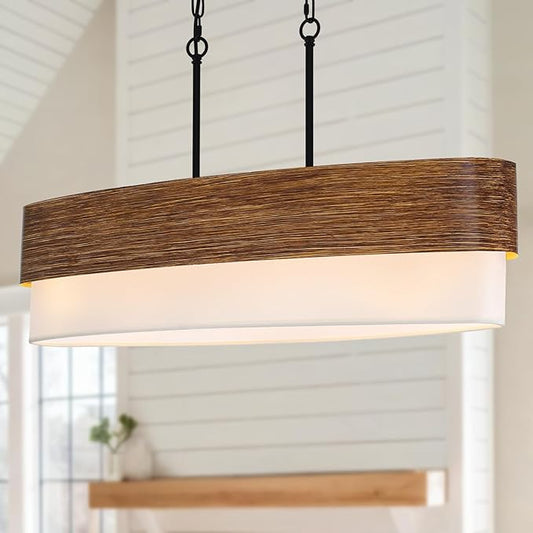 33.5'' Dining Room Chandelier Over Table, 4-Light Farmhouse Kitchen Island Lighting, 2-Tier Large Linear Chandelier with Faux Wood Texture and White Fabric for Dining Room Kitchen Island