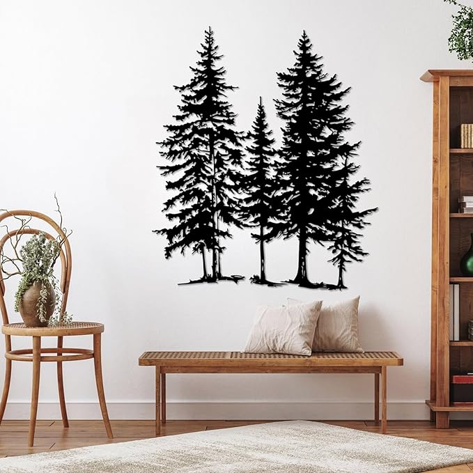 Sutanun Pine Tree Metal Wall Art – Large Rustic Farmhouse Branch Wall Sculpture for Living Room, Bedroom & Cabin – Nature Decor Gift for Nature Lovers (Silver, 19"x16"|47x40cm)
