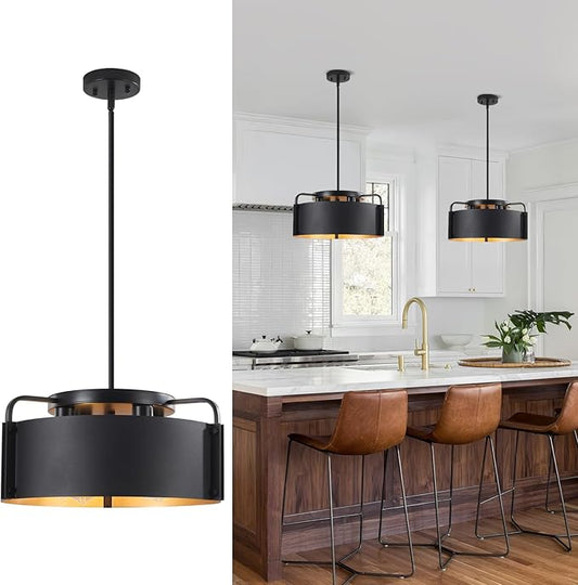 Chandelier, 4-Light Industrial Drum Chandeliers Matte Black Dining Room Light Fixture Flush Mount Pendant Light 18" for Foyer Entryway Kitchen Hallway Bedroom, E26 Base(Not Included Bulb)