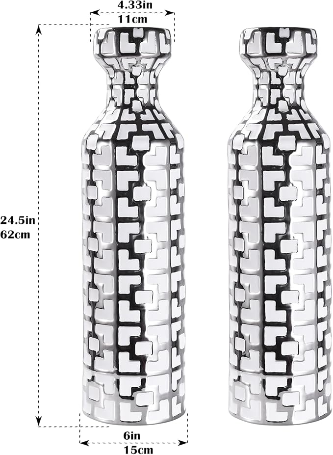 24.4 inch Tall Floor Vases Set of 2. White Vase with Silver Geometric Patterns, Ceramics Modern Flower Vases for Living Room, Entryway, Indoor/Outdoor Decor, Large Vase for Home Decor