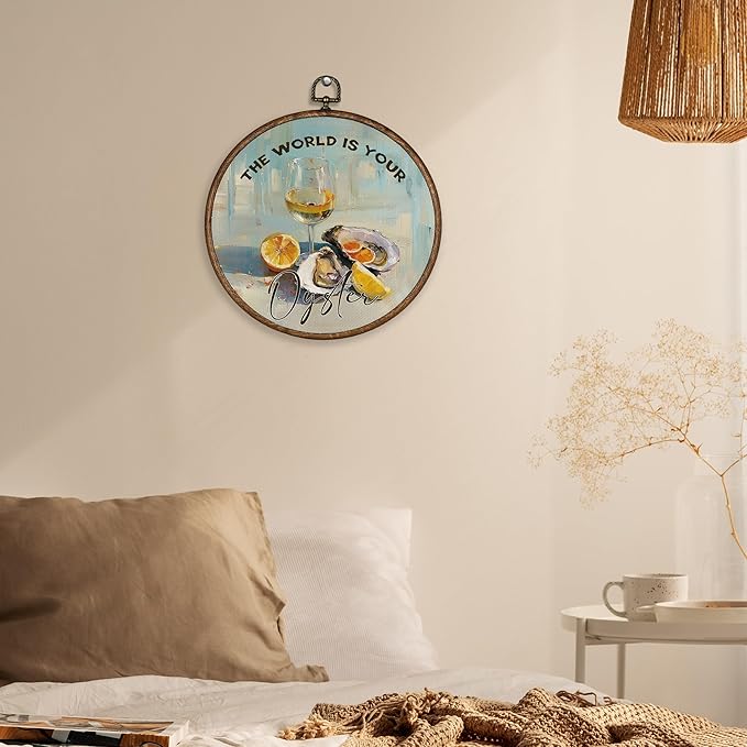 XBBMGG Coastal Oyster Lemon Wall Art Decor, Vintage Seashell Champagne Round Wall Hanging Decor, Nautical The World is Your Oyster Framed Canvas Prints for Kitchen Dining Room Decorations, 10x10inch