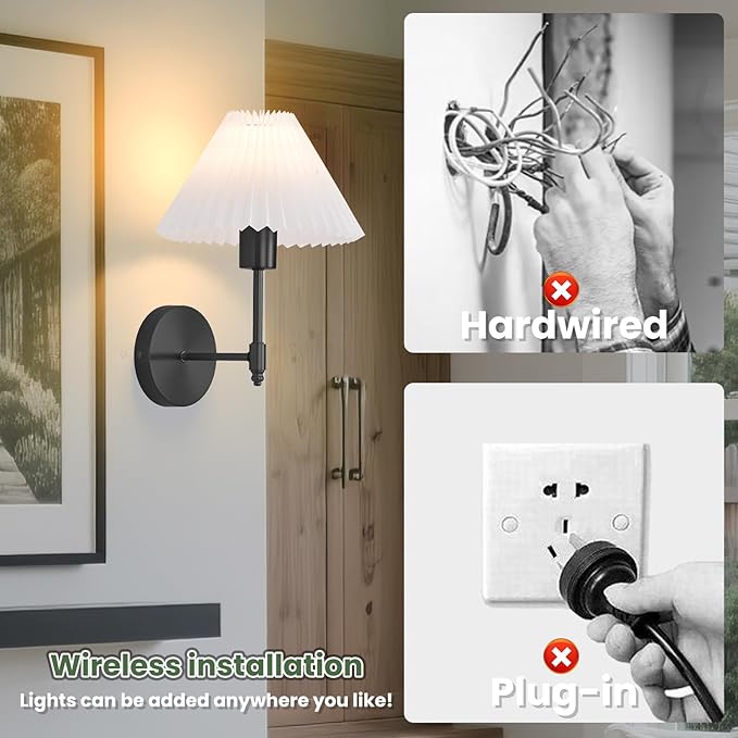 Battery Operated Wall Sconces Set of 2,Black Rechargeable Wall Lights with Remote,Dimmable Wall Lamp with Pleated Shades,15 Colors Wireless Bathroom Vanity Wall Light for Bedroom Living Room Hallway