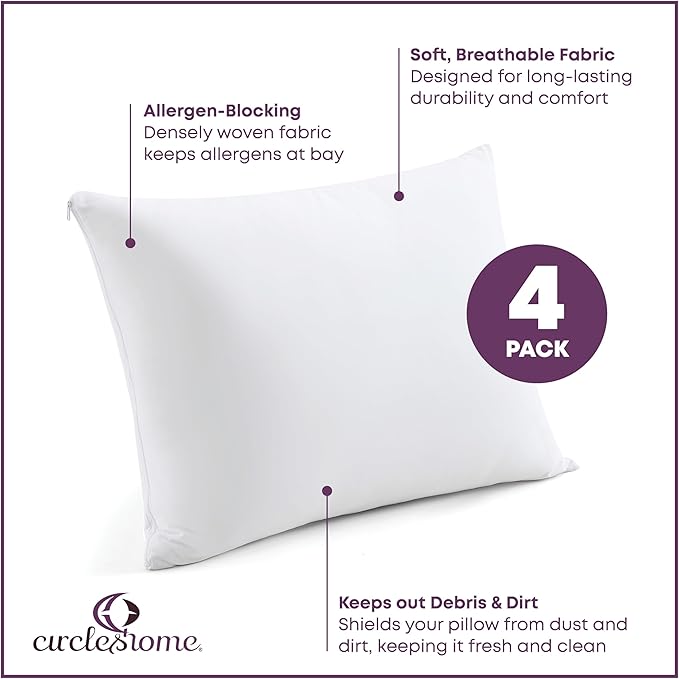 CirclesHome Pillow Protectors 4 Pack Queen Zippered - 100% Cotton Breathable Pillowcases - Protects Pillows from Dirt, Dust and Debris (Queen- Set of 4 - 20x30)