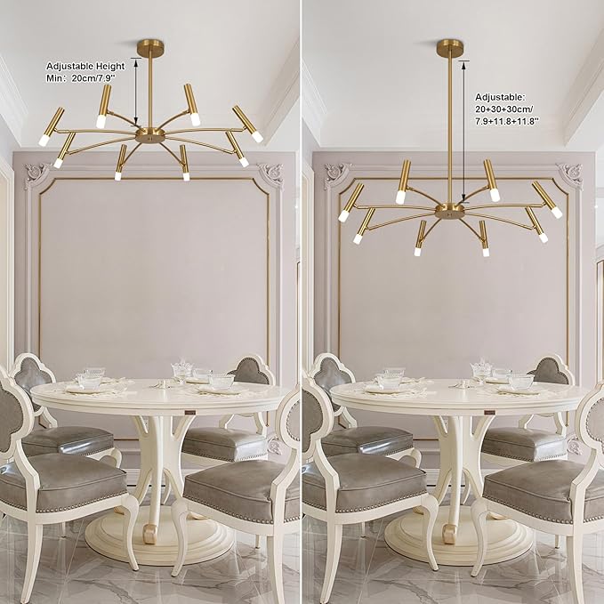 KCO Lighting Contemporary 8 Lights LED Chandeliers Brushed Brass Living Room Light Fixture Gold Sputnik Flush Mount Ceiling Light Fixture Small Modern Ceiling Lamp for Bedroom