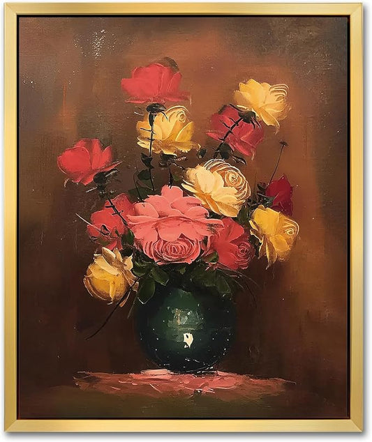 AIMAILON Vintage Gold Canvas Wall Art Framed Decor for Living Room Kitchen Classical Still Life Three Color Rose Artwork Warm Moody Botanical Aesthetic Picture Home Decoration 10x12