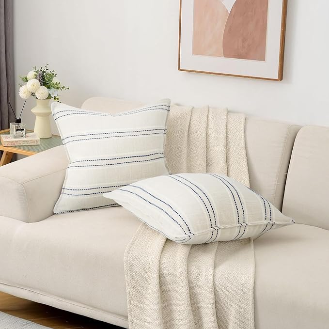 20X20 Decorative Farmhouse Linen Throw Pillow Covers, Boho Textured Pillow Case Set of 2,Beige with White & Blue Stitch Yarn Dyed Stripe Cushion Cover ,Modern Accent Square Pillowcase for Sofa Couch