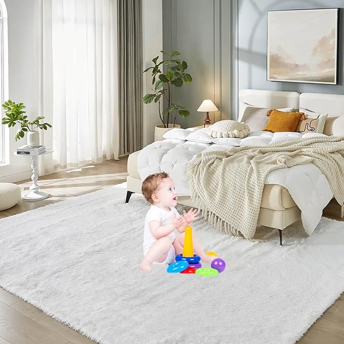 Floralux Bedroom Rug 8x10, Large White Shag Rugs, Soft Fluffy Shag Area Rug for Living Room, Plush Modern Floor Carpet for Boys Girls Room, Dorm Home Decor Aesthetic