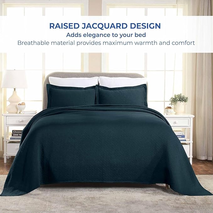 Superior 100% Cotton Basket Weave Bedspread with Shams, All-Season Premium Cotton Matelasse Jacquard Bedding, Quilted-Look Geometric Basket, Queen, Deep Sea