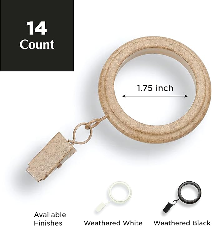 MODE Farmhouse Collection Beveled Curtain Clip Rings, Set of 14 Curtain Rings with Clips, Fits MODE Farmhouse Curtain Rod Sets, 1 3/4”, Weathered Oak