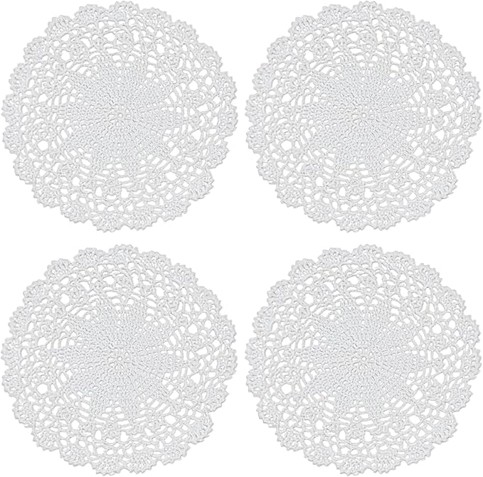 PHANTOMON Crochet Doilies Handmade Round Cotton Lace Table Placemats Knitted Tablecloth, Star Pattern Rippled Edge, Pack of 4 (10 Inch, White)