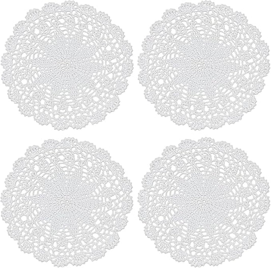 PHANTOMON Crochet Doilies Handmade Round Cotton Lace Table Placemats Knitted Tablecloth, Star Pattern Rippled Edge, Pack of 4 (10 Inch, White)