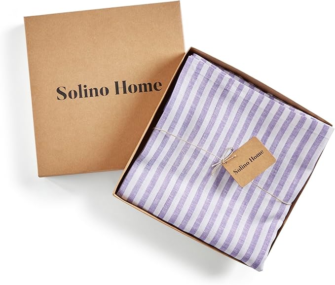 Solino Home Linen Striped Tablecloth 60 x 108 Inch - 100% Pure Linen Violet and White Table Cloth for Rectangle Tables - Amalfi Stripe, Machine Washable Tablecloth