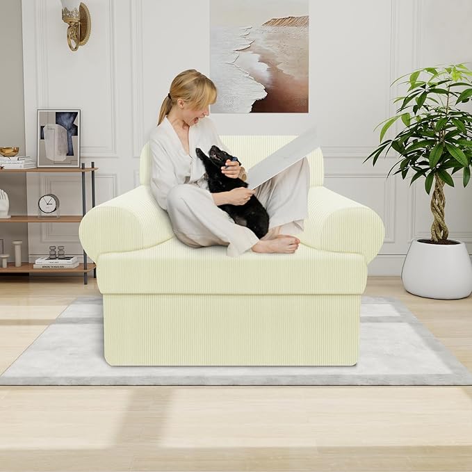 Waterproof Chair Cover with Arms 2-Piece Set Striped Slipcover for 1 Separate T Cushion Couch - TPU Fabric Armchair Covers Leakproof Couch Protector for Kids, Pets(Chair, Beige)