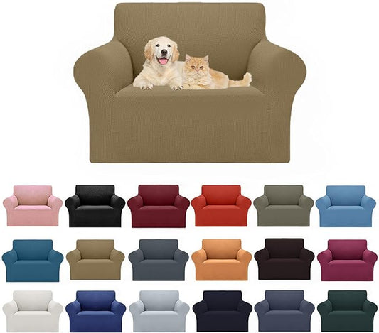 Cupuamon 2025 New Stretch Chair Sofa Slipcovers Couch Cover for 1 Seater Furniture Protector Sofa Covers with Elastic Bottom Jacquard Fabric Small Checks for Pets, Kids - Tan