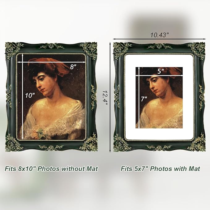 Green Picture Frame 8x10 Vintage Picture Frames Antique Ornate Baroque Victorian Handcrafted for Wall or Tabletop Display, Fits 8x10 or 5x7 Photo with Mat