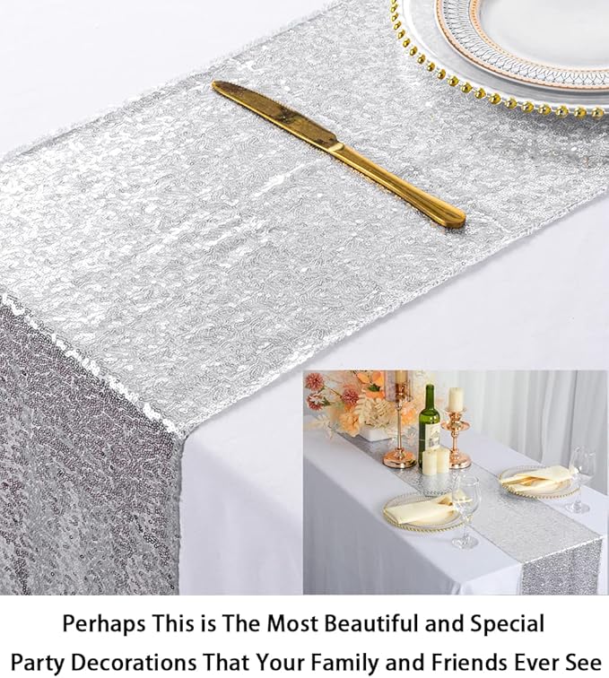 ShinyBeauty Sequin Tassel Table Runner 12x108-Inch Silver Christmas Decorations Silver Table Runner 108inch Christmas Table Runner Y1126