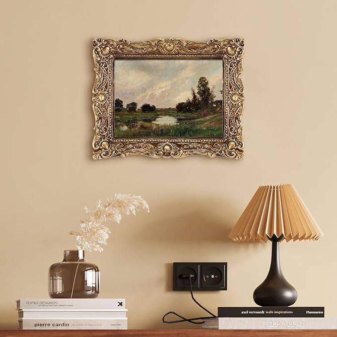 FOLKOR Framed Canvas Wall Art, Home Decor Vintage Scenery Field River Oil Painting Wall Art Prints, Retro Nature Landscape Wall Decor for Living Room Bedroom Home Bathroom, 5x7