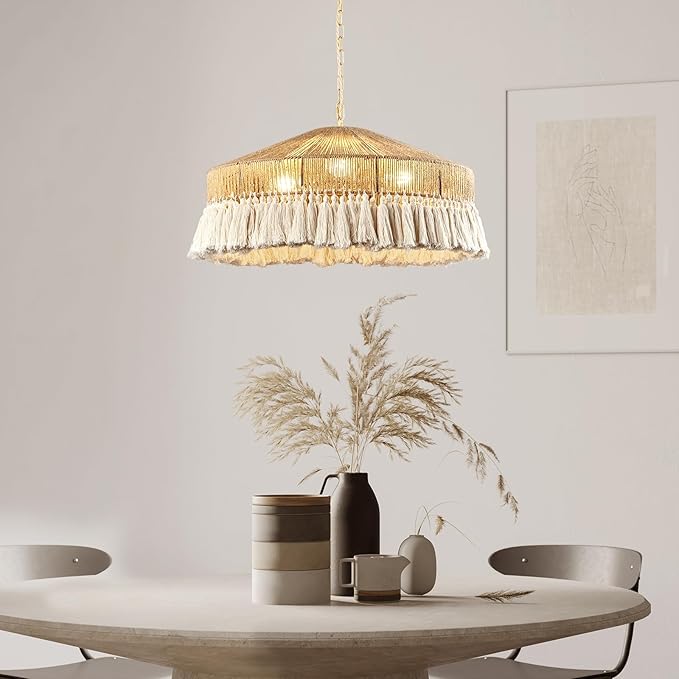 Large Woven 3-Lights Pendant Lights, Modern Boho Chandelier Handwoven Rattan Pendant Light Fixtures Farmhouse Ceiling Hanging Lamp for Kitchen Island,Dining Room, Bedroom, Entryway, Foyer