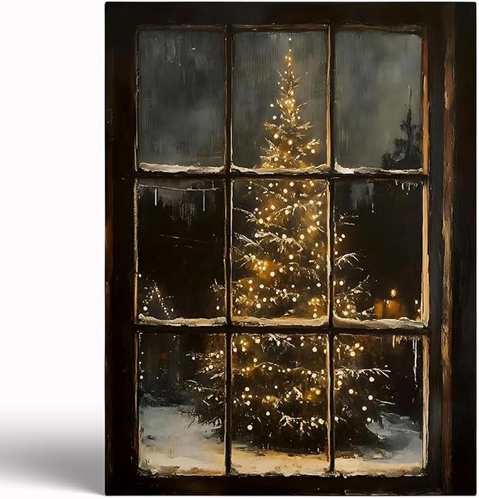 Rustic Christmas Windows and Trees Wall Art Prints,Xmas Holiday Oil Painting,Nostalgic Christmas Tree Print,Moody Winter Farmhouse Decor