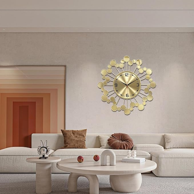 Gold 23" Wall Clock Decor Silent Battery Operated, Modern Metal Decorative Clock for Living Room Bedroom Office