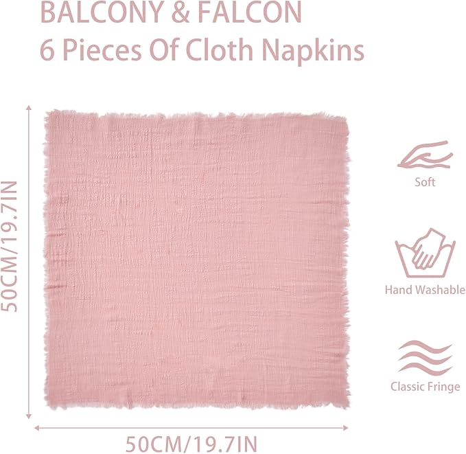 BALCONY & FALCON Cloth Napkins 100% Cotton with Fringed Handmade Square Rustic Style Washable Napkins 6 Pack Pink 20 x 20 inches for Easter Thanksgiving Christmas Weddings Parties Banquets