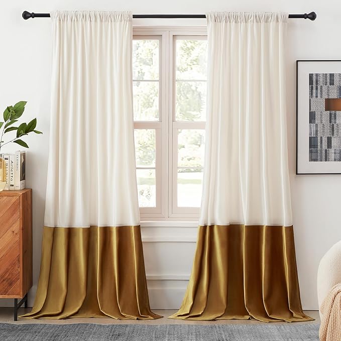 Cream Ivory Gold Velvet Curtains 108 inches Long for Living Room,2 Panels Blackout Curtains Modern Color Block Back Tab Rod Pocket Soundproof Drapes for Bedroom Window Decor